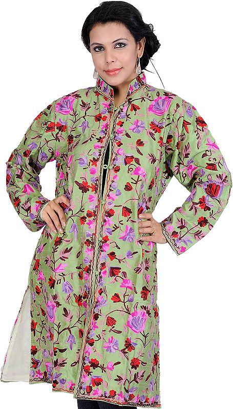 Ming-Green Kashmiri jacket with Aari Embroidered Flowers by Hand