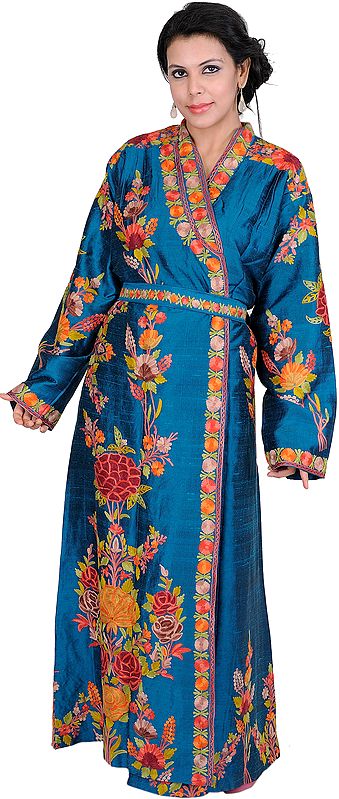 Faience-Blue Evening Robe from Kashmir with Hand Embroidered Flowers