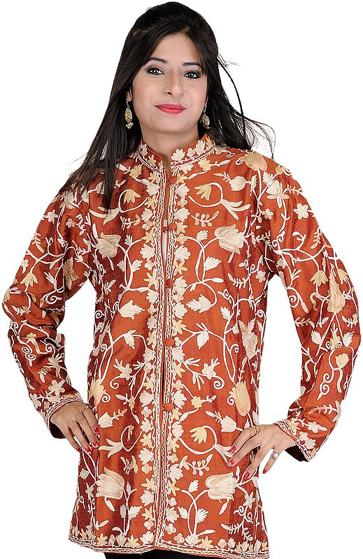 Hazel-Brown Kashmiri Jacket with Aari Embroidered Flowers by Hand