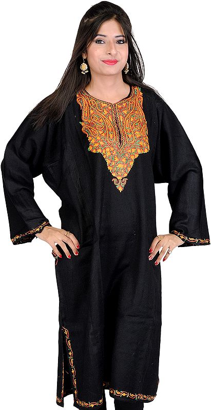 Black Kashmiri Phiran from Kashmir with Hand Embroidered Paisleys on Neck