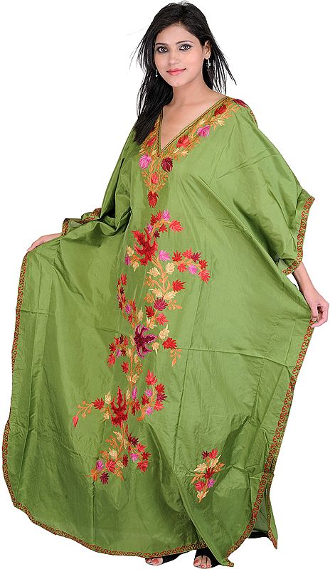 Mineral-Green Long Kashmiri Kaftan with Embroidered Flowers
