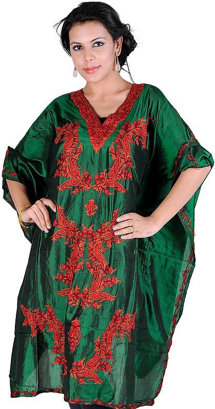 Posy-Green Short Kaftan from Kashmir with Hand Embroidered Paisleys
