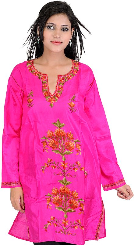 Hot-Pink Kurti from Kashmir with Hand Embroidered Flowers