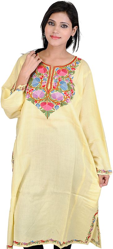 Patel-Yellow Phiran from Kashmir with Hand Embroidered Flowers