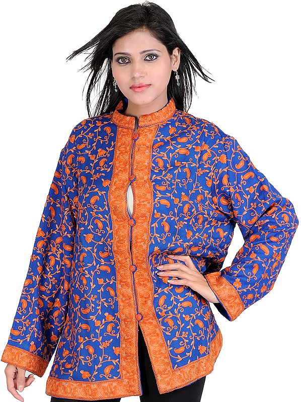 Blue Iris Jacket from Kashmir with Hand Embroidered Paisleys All-Over