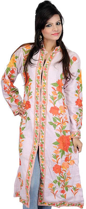 Cradle-Pink Long Kashmiri Jacket with Embroidered Flowers
