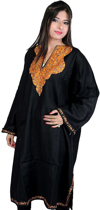 Black Phiran from Kashmir with Hand Embroidery on Neck