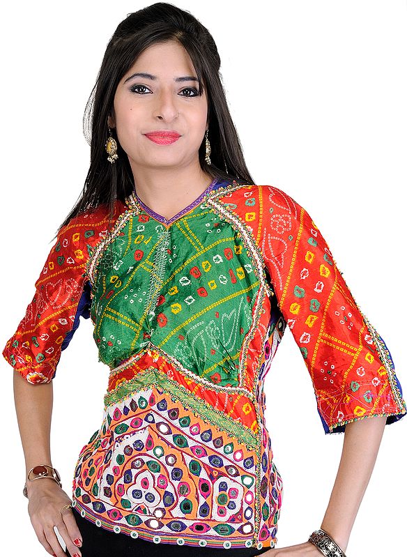 Poppy-Red and Green Bandhani Backless Choli with Rabari Embroidery
