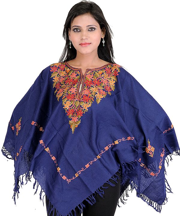 Navy-Blue Poncho with Aari Embroidery by Hand on Neck and Border