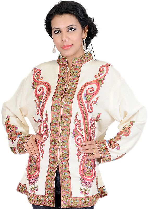 Cream Jacket from Kashmir with Hand Embroidered Giant Paisleys