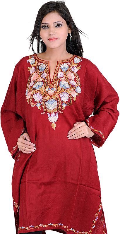 Maroon Phiran from Kashmir with Aari Embroidered Flowers by Hand
