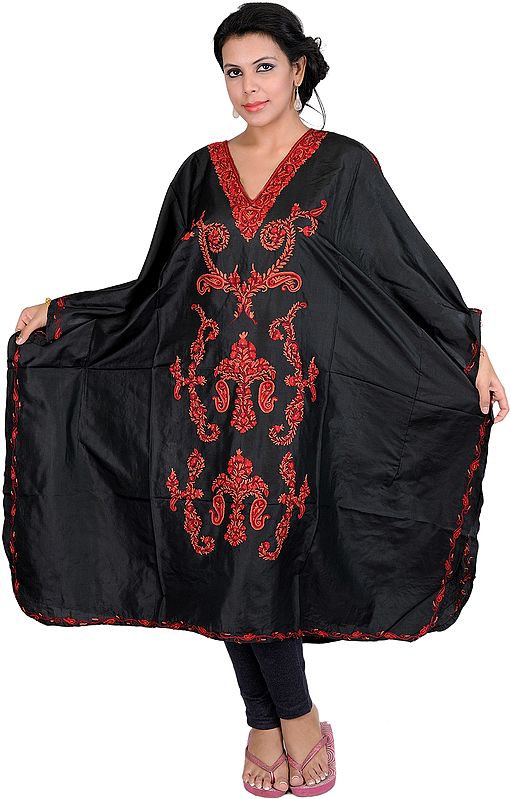 Black Kashmiri Short Kaftan with Hand Embroidered Paisleys in Red Thread