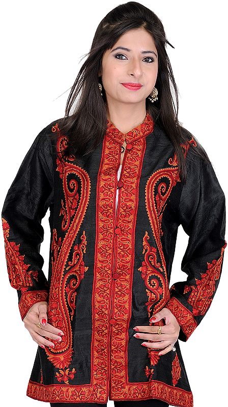 Black Jacket from Kashmir with Hand Embroidered Giant Paisleys