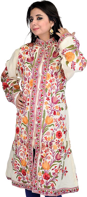 Ivory Long Kashmiri Jacket with Embroidered Flowers All-Over