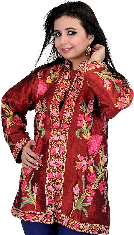 Maroon Jacket from Kashmir with Aari Embroidered Flowers