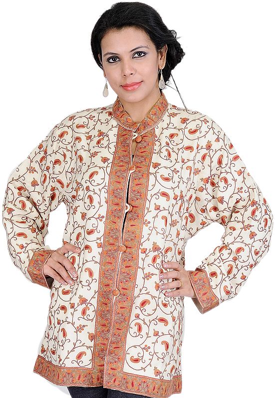 Ivory Jacket from Kashmir with Hand Embroidered Paisleys All-Over