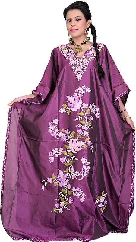 Phlox-Purple V-Neck Kashmiri Kaftan with Aari Embroidered Flowers