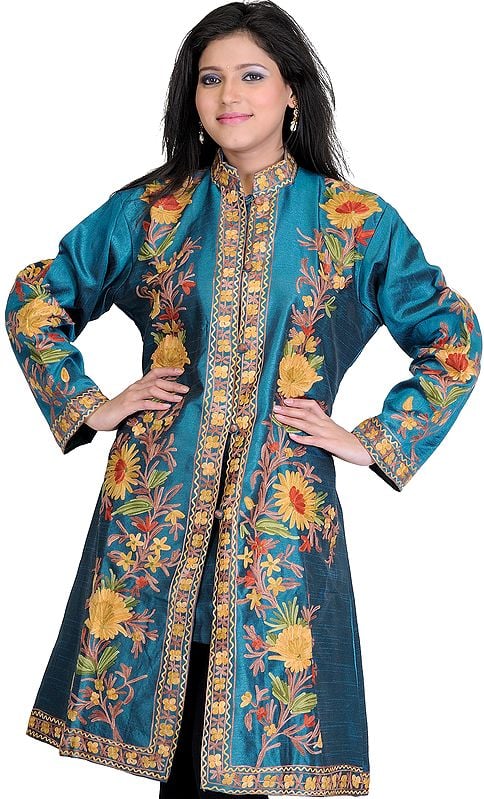Harbor-Blue Long Kashmiri Jacket with Aari Embroidered Flowers