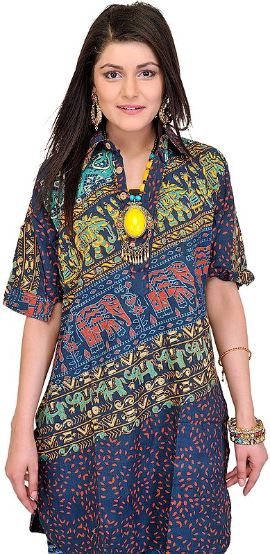 Collared-Kurti from Pilkhuwa with Block-Printed Elephants