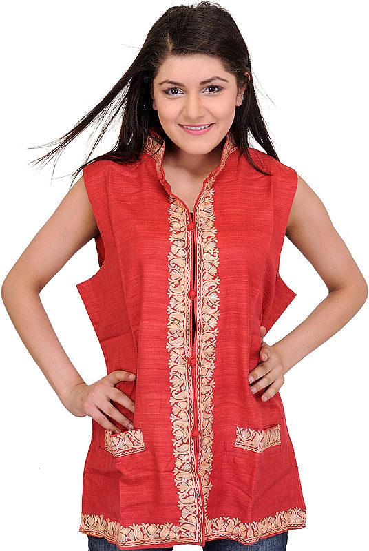 Plain Waistcoat from Kashmir with Aari Embroidered Flowers