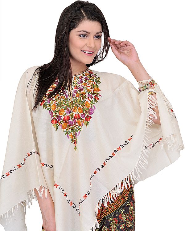 Floral Kashmiri Poncho with Aari Embroidery by Hand
