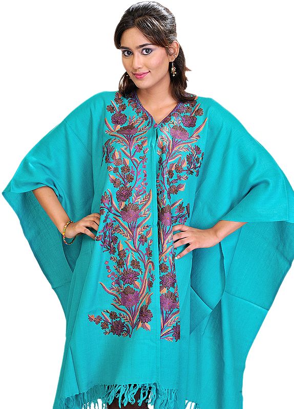Baltic-Blue Kashmiri Cape with Aari Hand-Embroidered Flowers