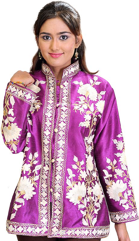 Bright-Violet Kashmiri Jacket with Needle Embroidered Flowers