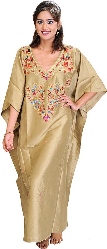 Khaki Kaftan from Kashmir with Hand-Embroidered Flowers and Beads