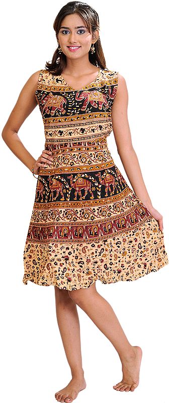 Sanganeri Summer Dress with Printed Camels and Elephants