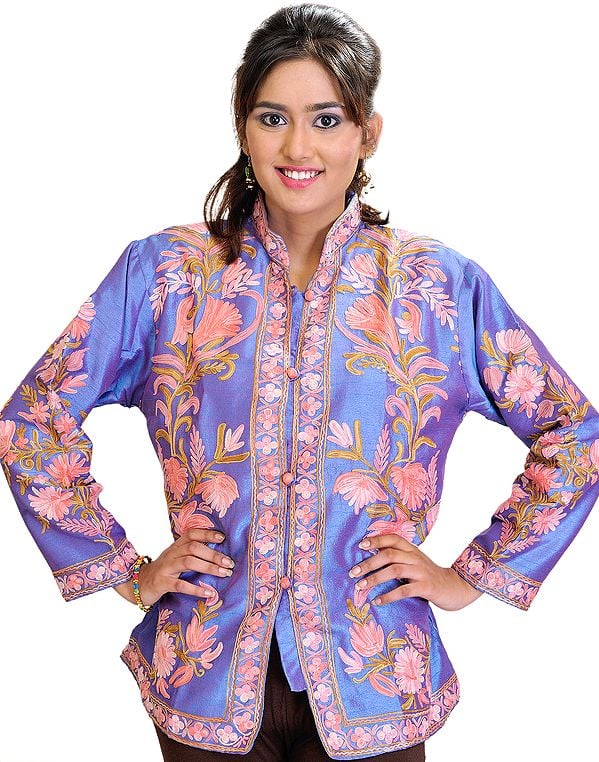 Denim-Blue Jacket from Kashmir with Crewel Embroidered Flowers