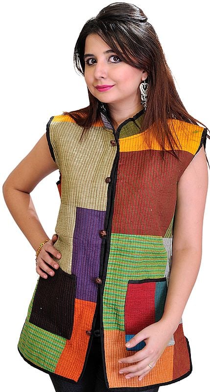 Multi-colored Patchwork Reversible Jacket from Pilkhuwa with Front Pockets and Bagdoo Print