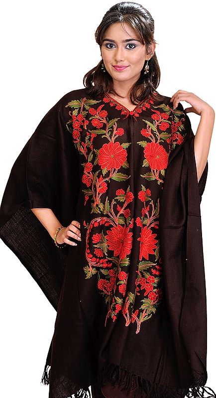 Coffee Kashmiri Cape with Aari Embroidered Flowers by Hand