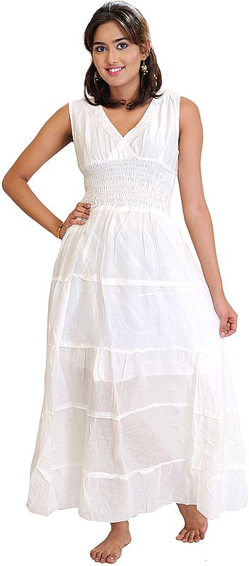 Winter-White Plain Summer Dress with Lace