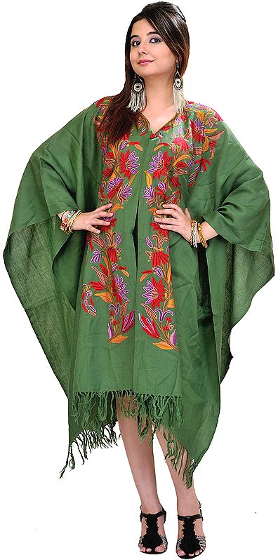 Deep-Green Kashmiri Cape with Hand Embroidered Flowers