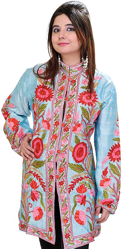 Angel-Blue Kashmiri Long Jacket with Aari Embroidered Flowers