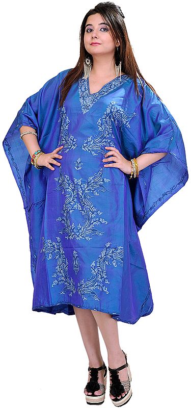 Imperial-Blue Kashmiri Short Kaftan with Needle Embroidered Paisleys by Hand