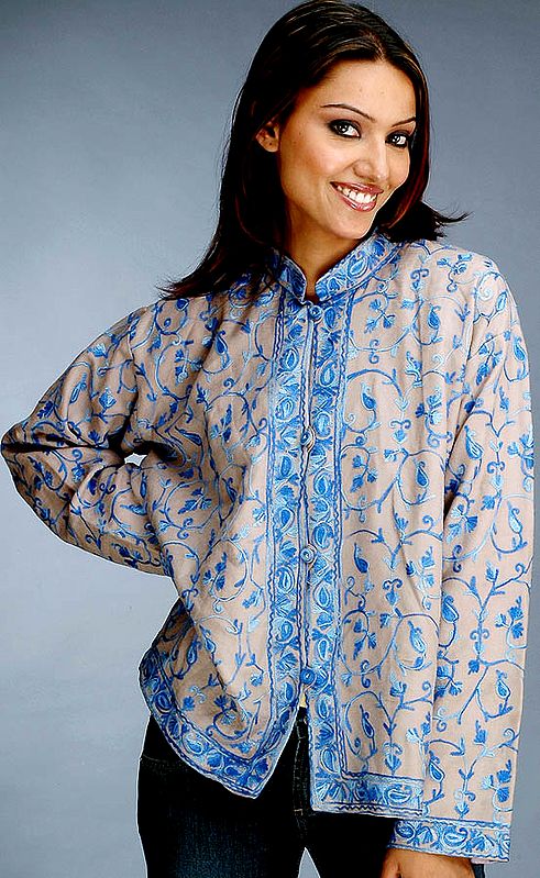 Stone Color Jacket from Kashmir with All-Over Embroidery