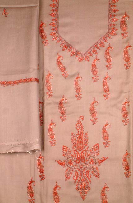 Stone Colored Hand-Embroidered Suit from Kashmir with Shawl