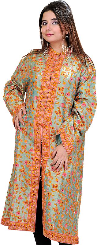 Shale-Green Long Kashmiri Jacket with Crewel Embroidered Flowers by Hand