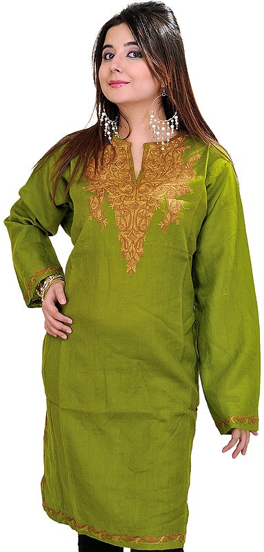 Foliage-Green Long Kashmiri Phiran with Aari Embroidery by Hand