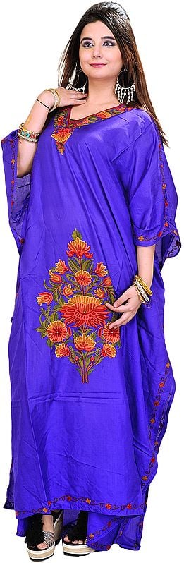 Brilliant-Blue Kashmiri Kaftan with Aari Embroidered Flowers by Hand