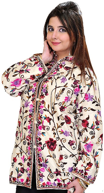 Winter-White Kashmiri Jacket with Aari Embroidered Flowers All-Over