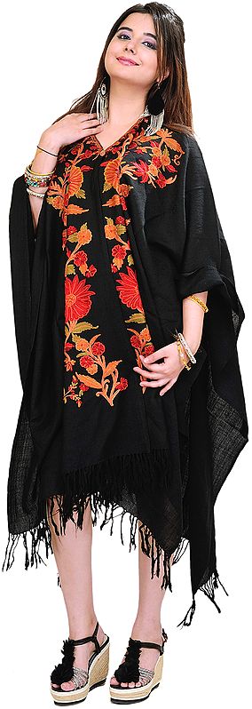 Jet-Black Kashmiri Cape with Hand-Embroidered Flowers