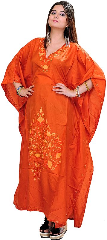 Poppy-Orange Kashmiri Kaftan with Aari Embroidered Flowers
