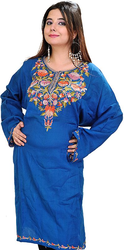 Dutch-Blue Long Kashmiri Phiran with Aari Hand-Embroidered Flowers on Neck