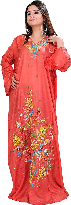 Chilli-Orange Maxi Evening-Gown from Kashmir with Hand-Embroidered Flowers and Beads