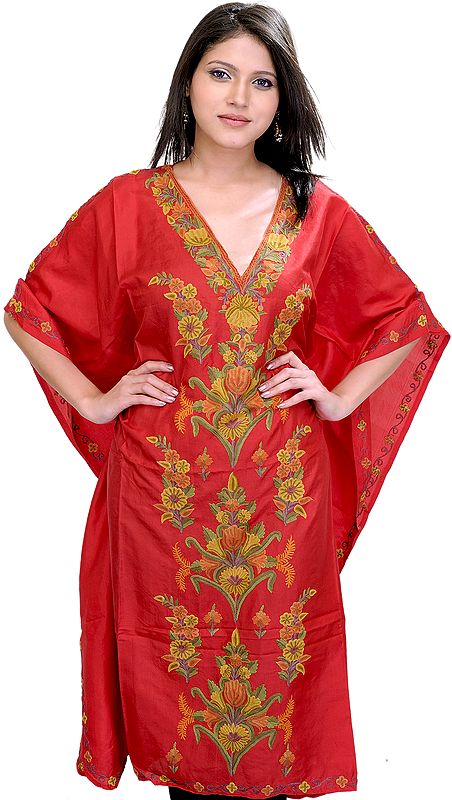 Tango-Red Kashmiri Short Kaftan with Aari Embroidered Flowers by Hand