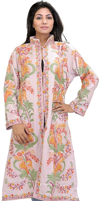 Blossom-Pink Long Kashmiri Jacket with Crewel Embroidered Flowers All-Over