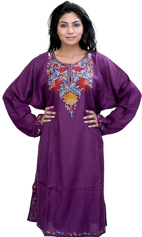 Wood-Violet Kashmiri Phiran with Hand-Embroidery on Neck