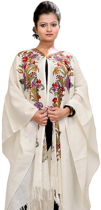 Winter-White Kashmiri Cape with Hand-Embroidered Flowers